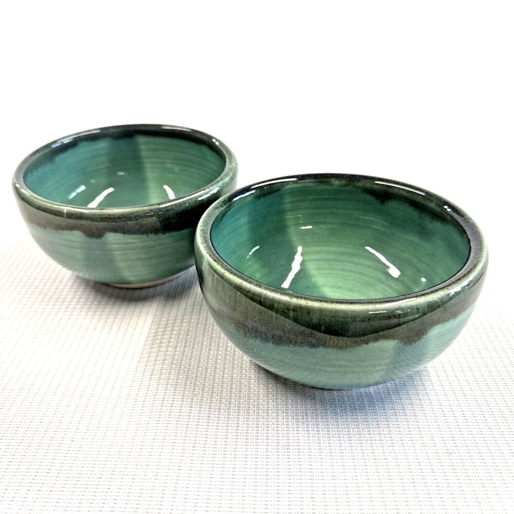 2 Matcha Tea Bowls - Traditional Craft Pottery Shades of Green & Blue highlights